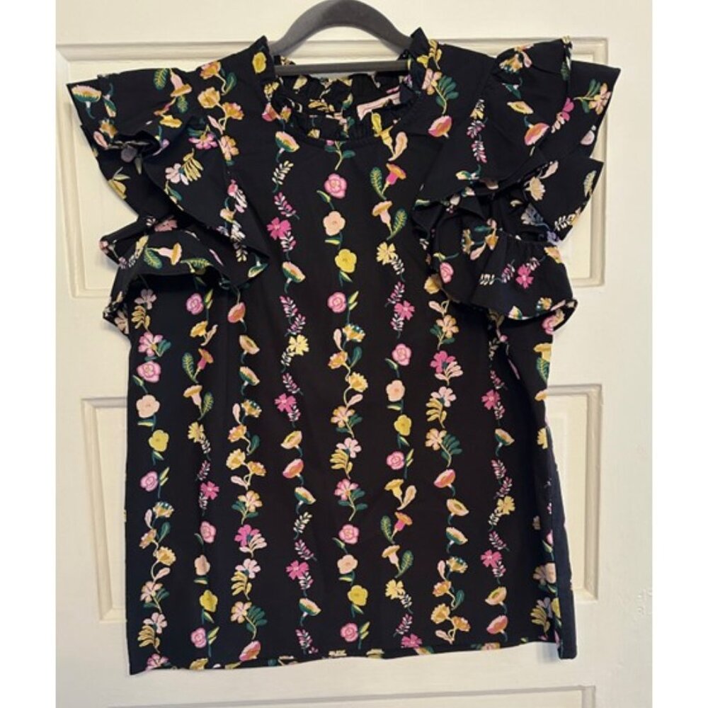 Banjanan. Black Floral Top with Ruffle Sleeves. Size L.